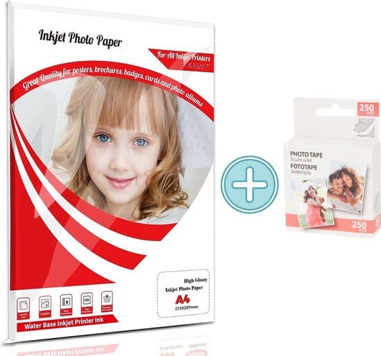 Maxenza Fotopapier en Foto tape Combo – Dubbelzijdige Tape 250 Stuks – Glossy Glanzend – A4 Formaat – 20 vellen – 210x297mm – 210 gram per m² - Afbeelding 2