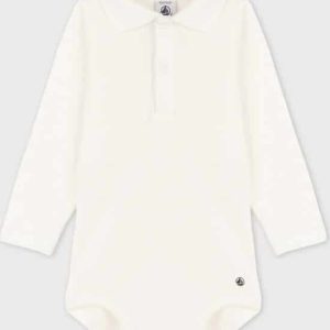 Petit Bateau Katoenen body met lange mouwen en polokraagje voor baby’s Jongens Rompertje – Wit – Maat 86
