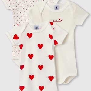 Petit Bateau Set van 3 katoenen body’s met korte mouwen en hartjes Meisjes Rompertje – Rood – Maat 86