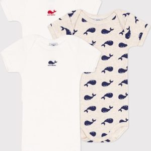 Petit Bateau Set van 3 katoenen body’s met korte mouwen en walvisjes Unisex Rompertje – Meerkleurig – Maat 80