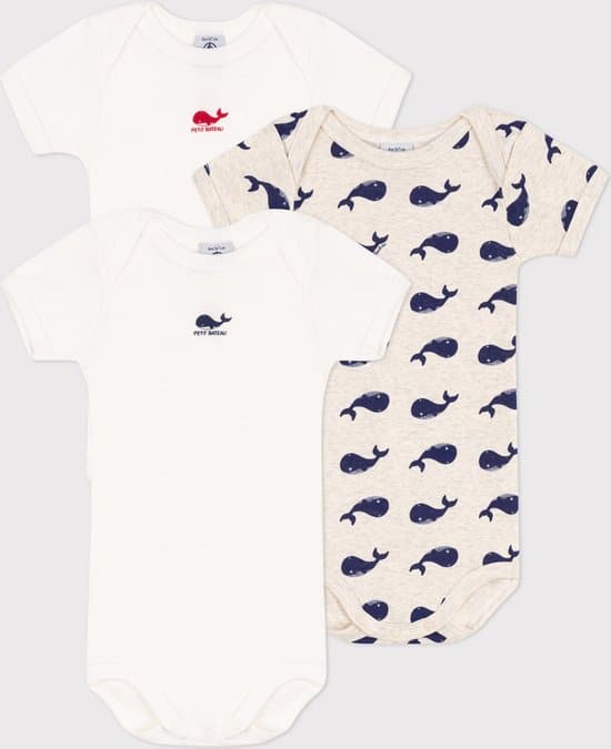 Petit Bateau Set van 3 katoenen body’s met korte mouwen en walvisjes Unisex Rompertje – Meerkleurig – Maat 80