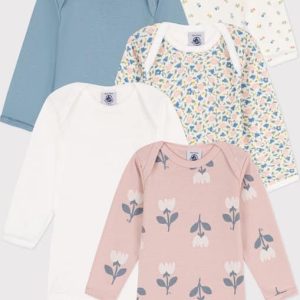 Petit Bateau Set van 5 katoenen body’s met lange mouwen en bloemenprint Meisjes Rompertje – Maat 62