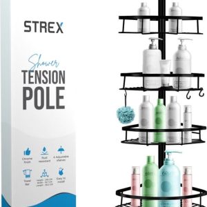 Strex Telescopisch Doucherek Zwart – Verstelbaar 70-275 cm – 4 Mandjes – Robuuste Kwaliteit – Bevestigen zonder Boren of Schroeven – Telescopisch…